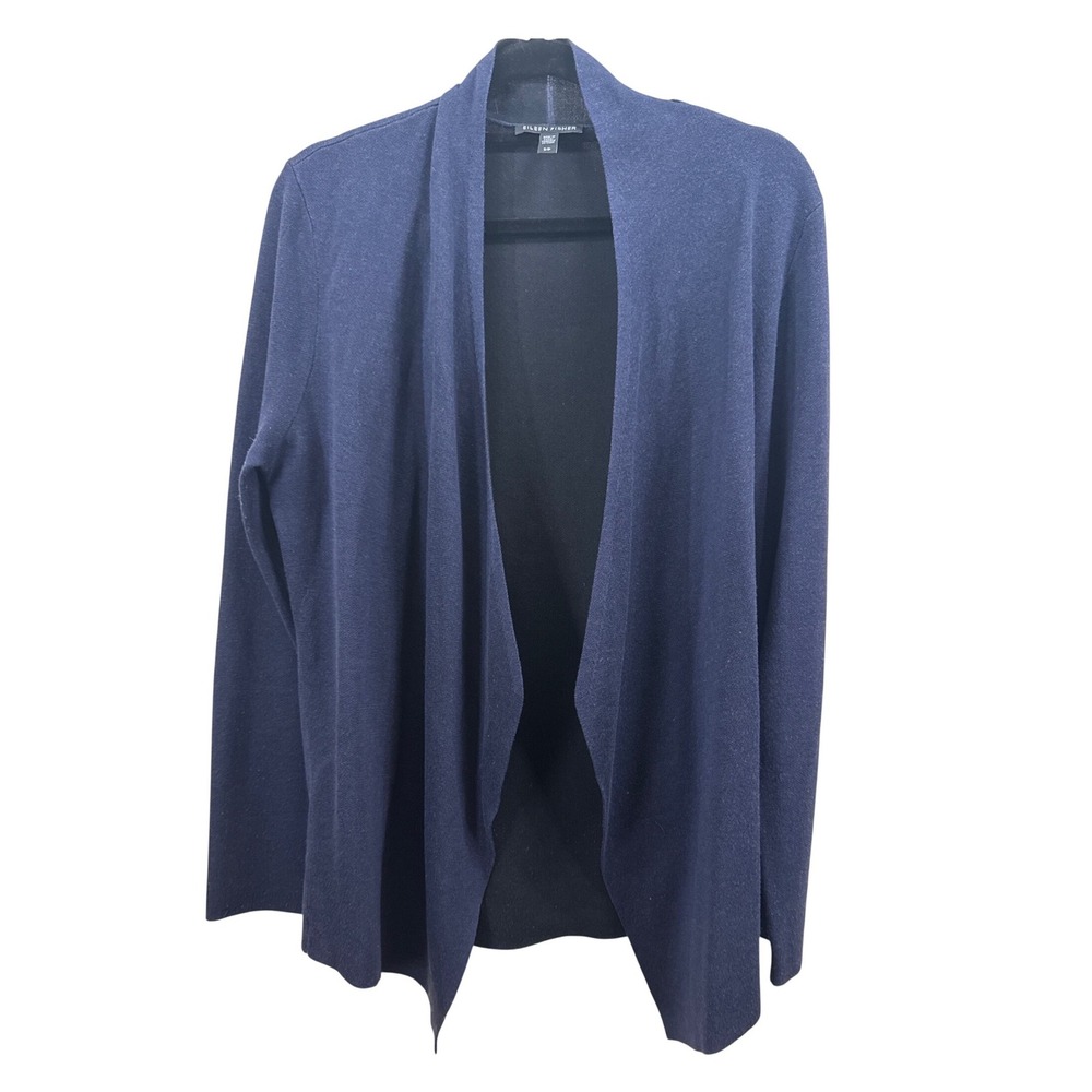 Eileen Fisher Navy Blue Tencel Silk Blend Open Front Draped Cardigan Small